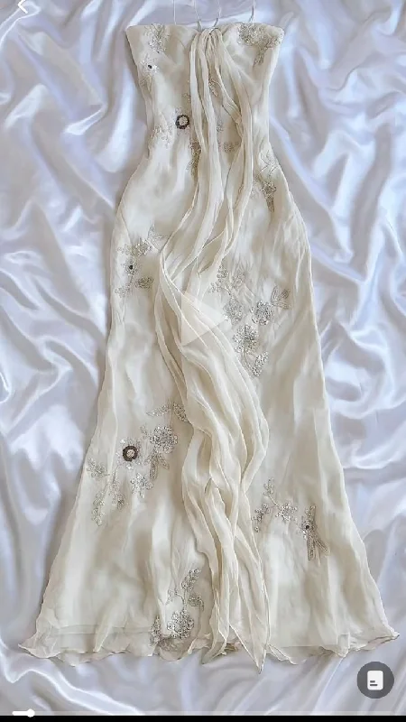 New Markdowns bohemian dressLight Ivory Chiffon Appliques Vintage Long Party Dress, DP2522