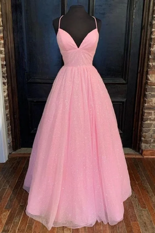 trendy bodycon dressSparkly Spaghetti Straps A-line Pink Floor Length Prom Dress Pink Graduation Dress Formal Gown Y681