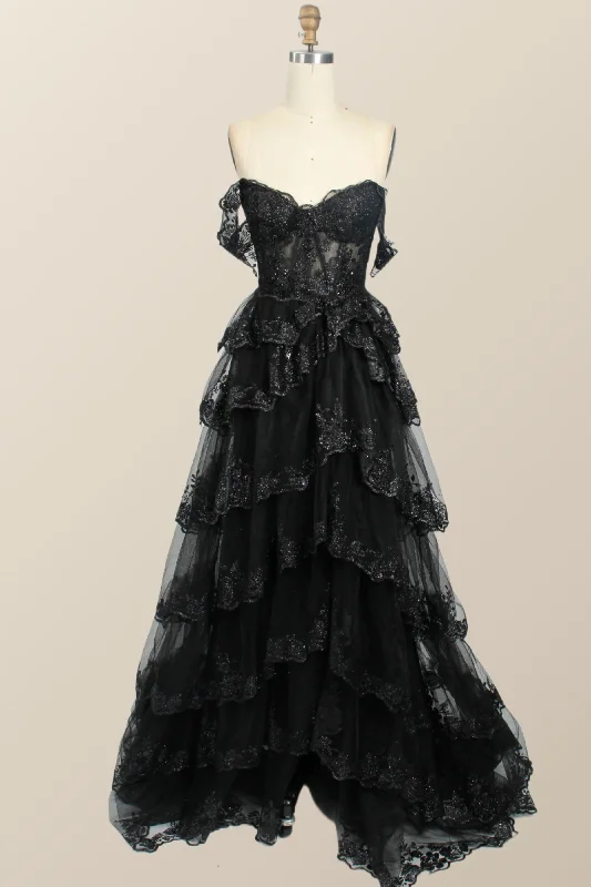 party-ready dressBlack Lace Off the Shoulder Tiered Layers Long Formal Gown