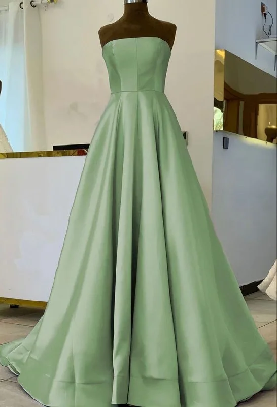 spaghetti strap dressSimple Sage Green Satin Bridesmaid Dresses, Strapless Floor Length Formal Prom Dress Y631