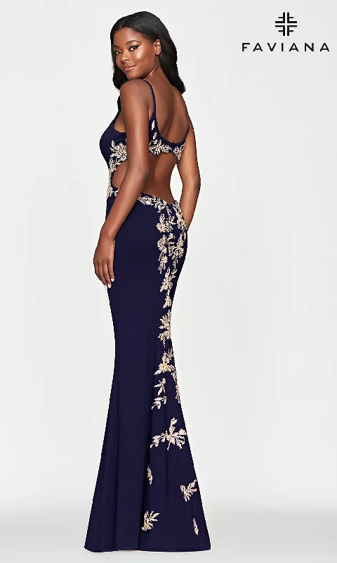 ashionable dressFaviana Gold-Beaded Navy Blue Long Prom Dress