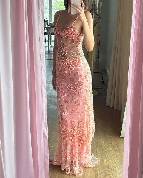 Take Advantage elegant evening dressPink Spaghetti Straps Lace Beading Gorgeous Mermaid Evening Dress, DP2261