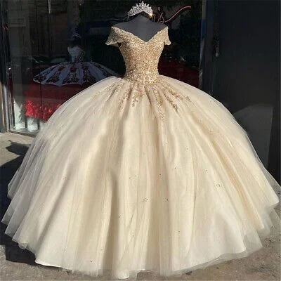 flowy dressOff The Shoulder Quinceanera Dresses Champagne Lace Appliqued Beaded Ball Gown Y586