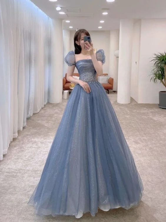 casual shift dressA-line Blue Tulle Long Prom Dress Bubble Sleeves Y271