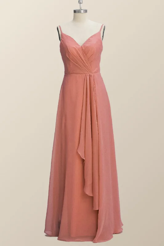 sophisticated dressStraps Coral Chiffon A-line Ruffle Long Bridesmaid Dress