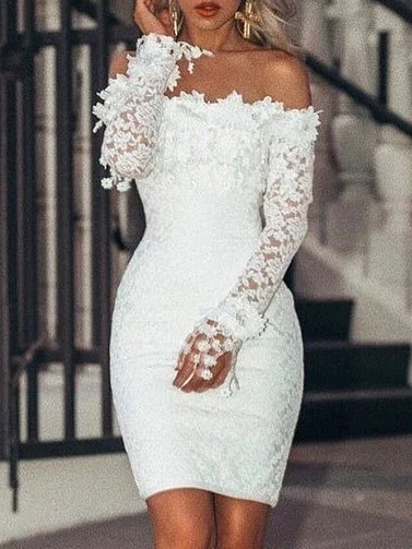 Buy Now classic fit-and-flare dressOne Shoulder Lace Long Sleeve Dress