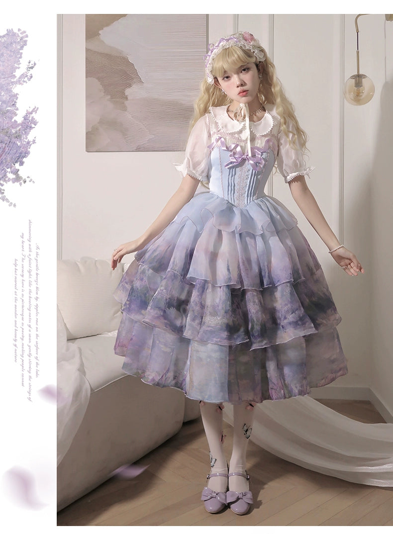 long-sleeve floral dressUrtto~Swan Lake~Sweet Lolita JSK Dress Tiered Oil Painting Dress