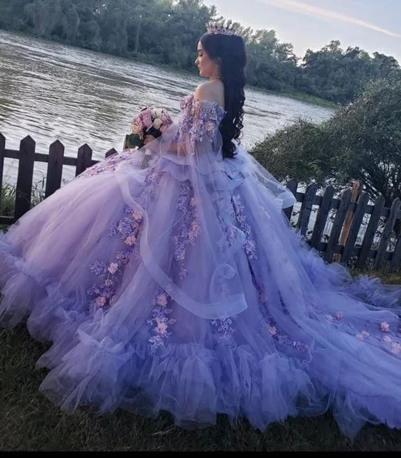 comfy dressLuxurious Off The Shoulder Tulle Floral Appliques Ball Gown Purple Sweet 16 Dress Y679