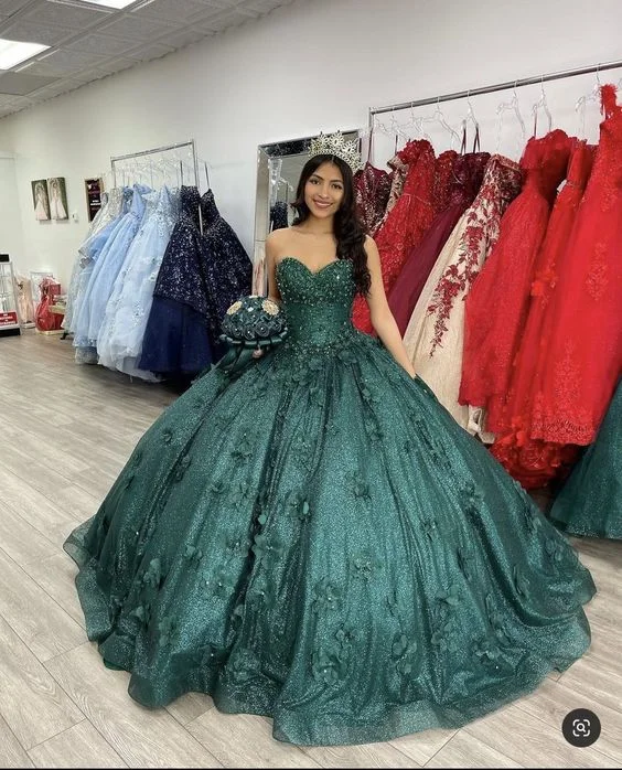 elegant evening dressRomantic Dark Green Sweetheart Neckline Adult Dress Appliqued Lace Bustier Sweetheart Ball Gown Y289