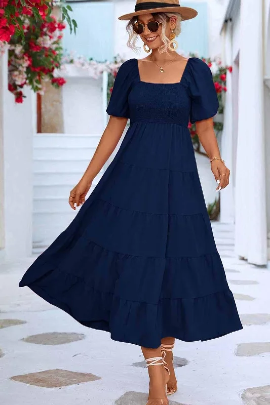 Special Discount chic slip dressSQUARE NECK PUFF WRINKLE CHEST CAKE MAXI DRESS