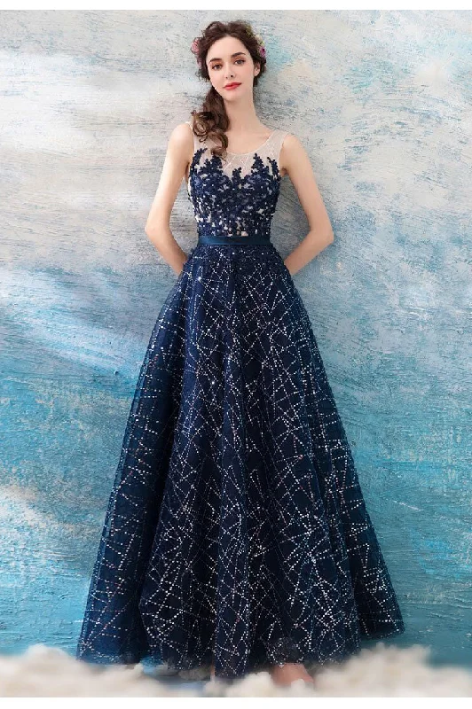 Sale Event Fancy Blue A Line Sleeveless Open Back Long Prom Evening Dress GJS481