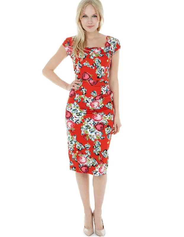 Now or Never trendy bodycon dressDora Red Floral Pencil Style Midi Dress