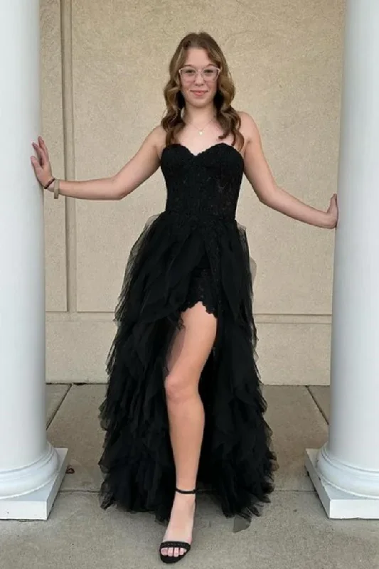Bargain Bin denim dressBlack Sweetheart Strapless Tulle Ruffles Long Prom Dress with Slit, DP2576