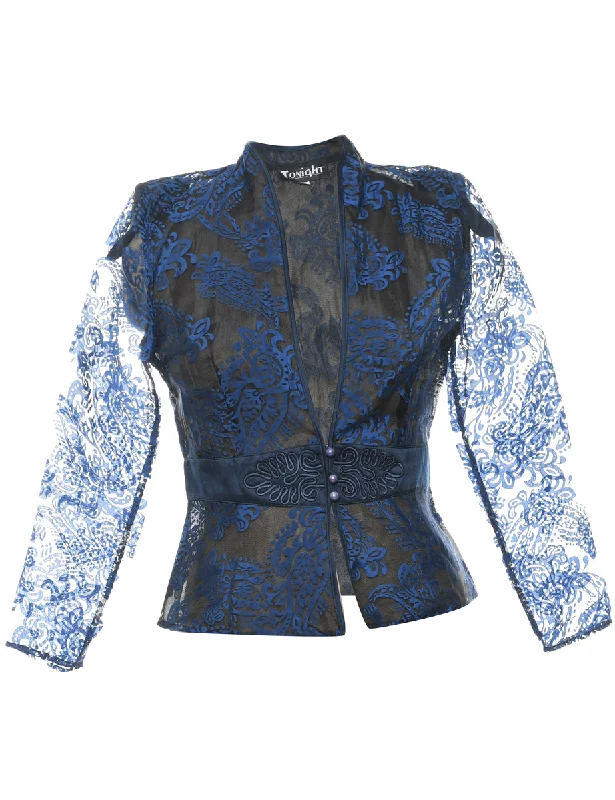 comfortable coatBlue Sheer Lace Evening Jacket - M