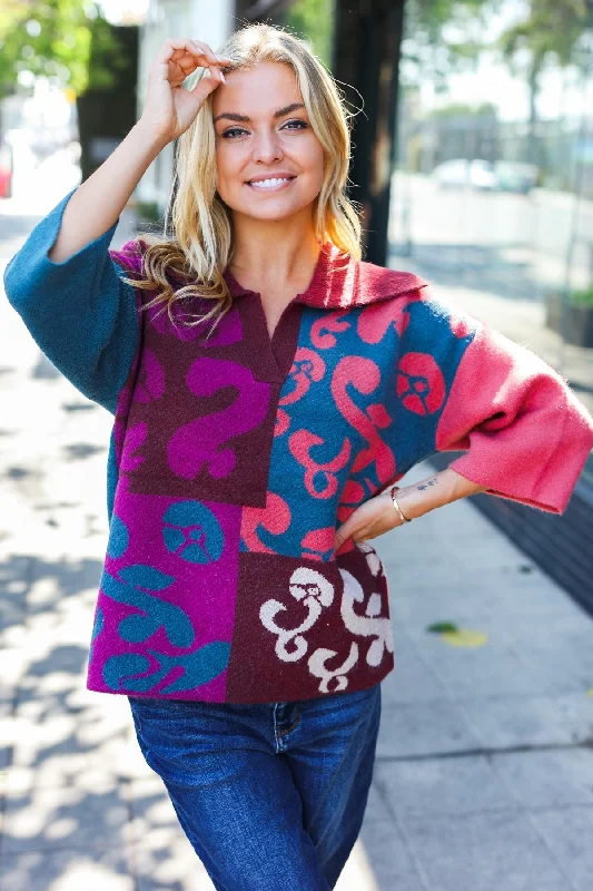Bonus Savings Feeling Your Best Wine Abstract Print Color Block Collar V Neck Sweater (Open Pack) Bonus Savings Feeling Your Best Wine Abstract Print Color Block Collar V Neck Sweater (Open Pack)