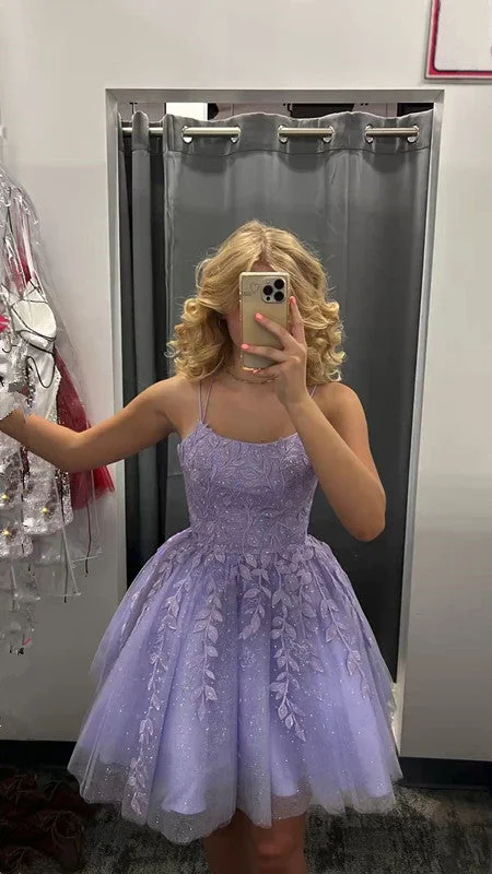 cocktail party dressprincess short lavender A-line lace appliqued homecoming dress party dress Y1227