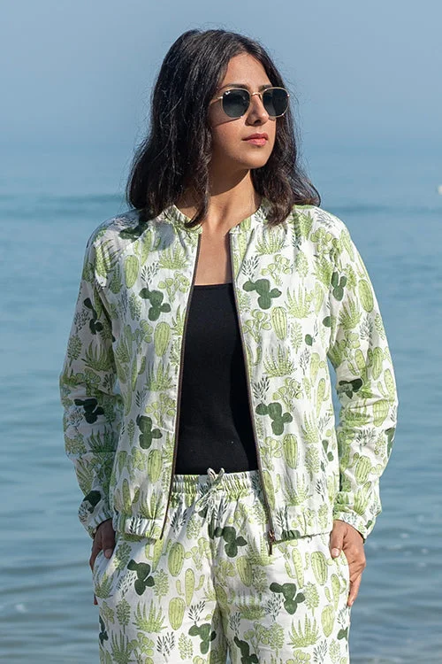 lightweight winter coatOkhai 'Floraison' Pure Cotton Hand Block Printed Bomber Jacket