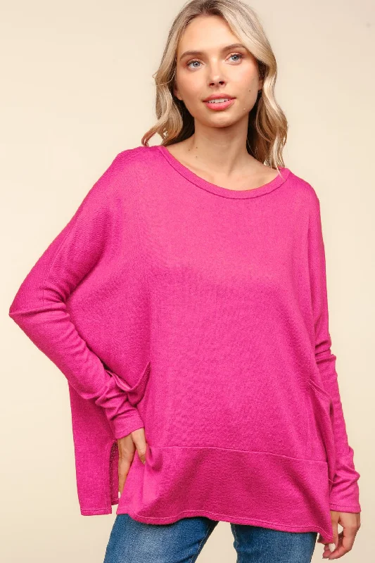 casual utility jacketPLUS FUCHSIA DOLMAN LONG SLEEVE OVERSIZED SWEATER KNIT TOP