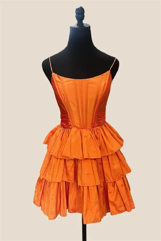 puff sleeve dressStraps Orange Ruffles A-line Taffeta Short Dress