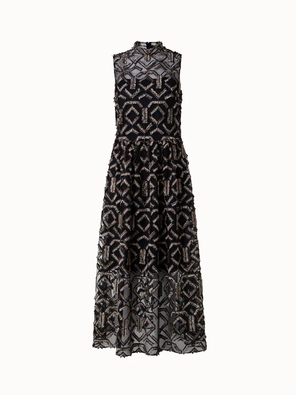 Holiday Sale pleated dressDress with Gold Fringe Embroidery on Tulle