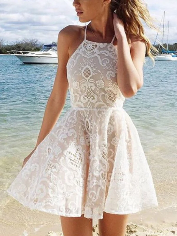 Clearance Event Homecoming Dress Halter Lace Ivory Short Prom Dress Party Dress JK133