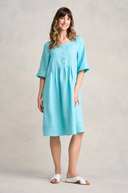 Final Clearance comfy dressButton Detail Linen Dress - Blue Lake