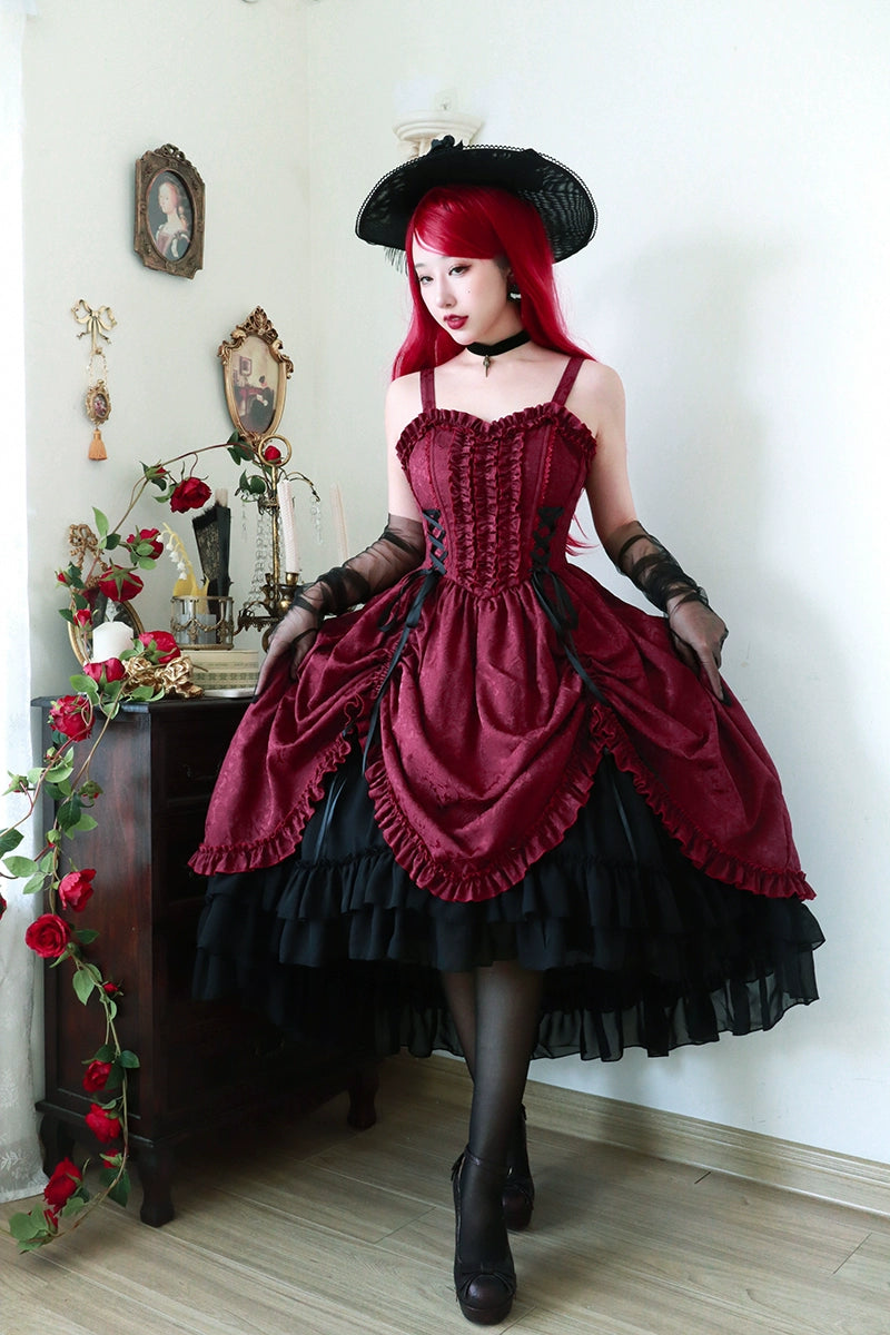 silk dressMoonlit Fragrance~Red Night Hunt~Classic Lolita Jumper Dress Wine Red JSK