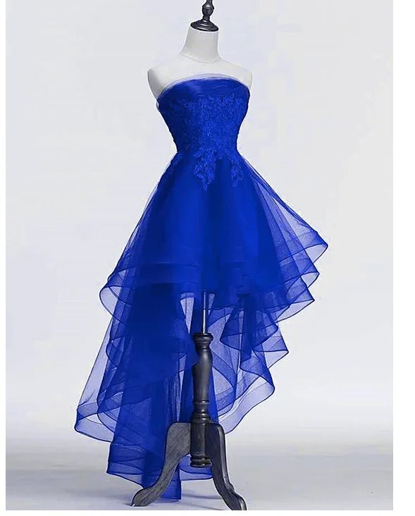 elegant shift dressRoyal Blue Tulle with Lace Applique High Low Party Dress, Blue Homecoming Dress Y671