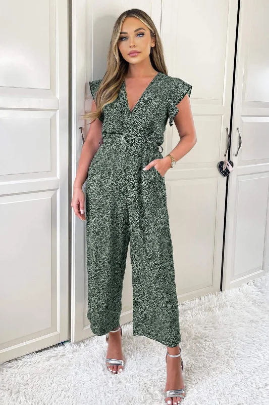 Lowest Price satin dressAisling Green and Black Print Belted Jumpsuit