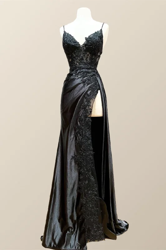 velvet dressStraps Black Appliques Long Formal Dress with Slit