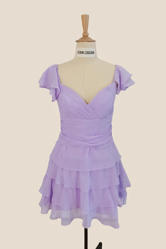 ashionable dressV Neck Lavender Layered Chiffon Short Dress