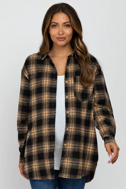 One-DAY Sale Taupe Black Plaid Button Down Maternity Top