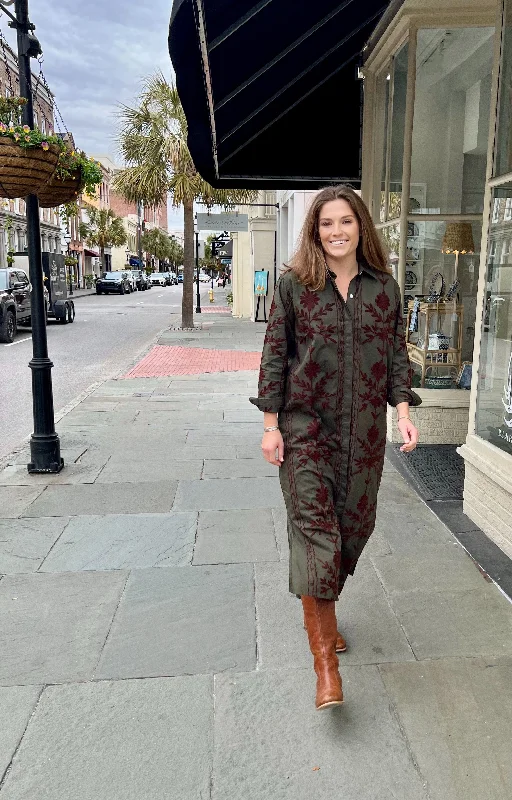 Limited Availability Elizabeth Embroidered Maxi Dress Olive/Brown
