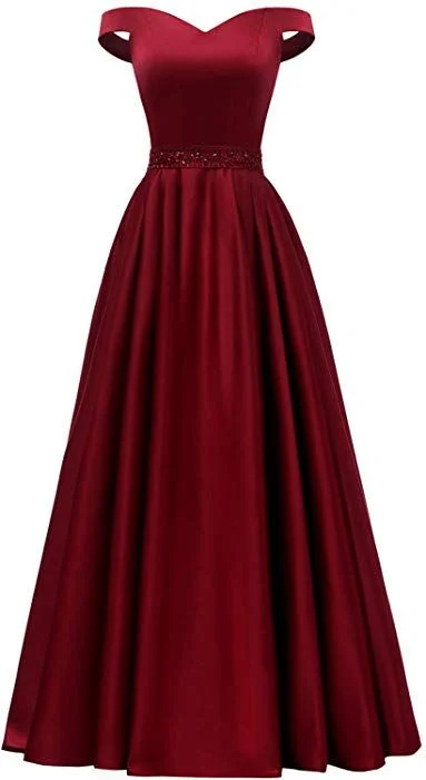 elegant evening dressOff The Shoulder Burgundy Satin Long Prom Dress Y770