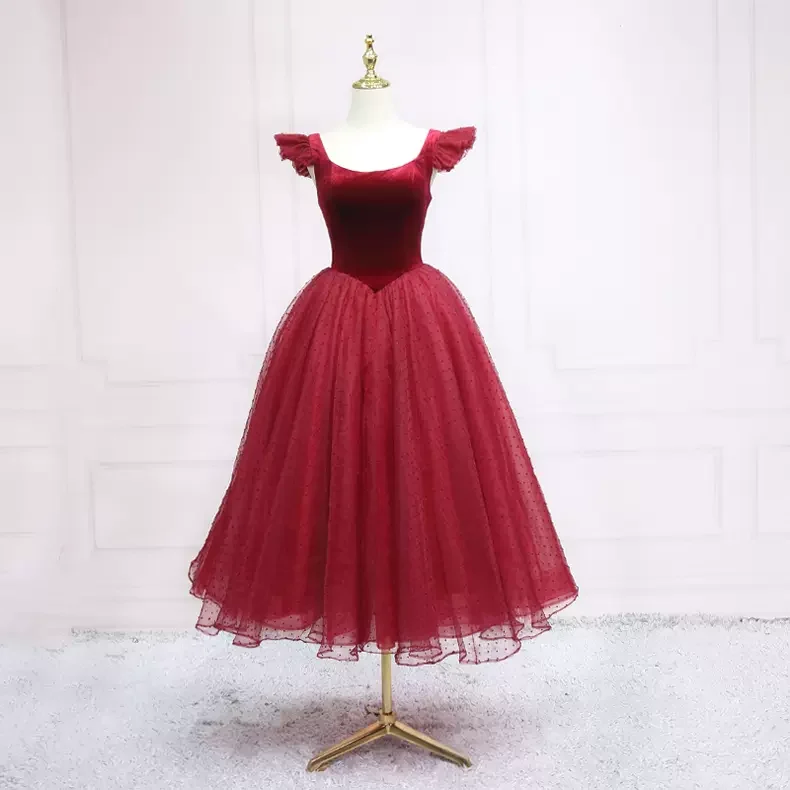 off-shoulder dressBurgundy Tea Length Party Dress Holiday Dress s06