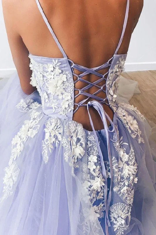 mini dressLavender Tulle Applique Spaghetti Straps Long Dress Tulle Prom Dress Y889