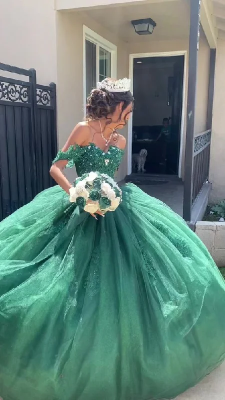 party dressCharming Off The Shoulder Green Tulle Lace Princess Dress,Green Ball Gown Y1118