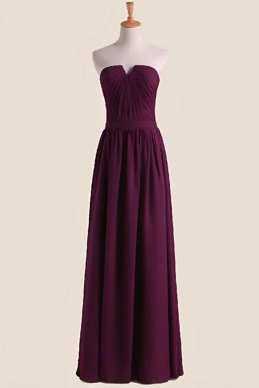 flowy dressStrapless Grape Pleated Chiffon A-line Long Bridesmaid Dress