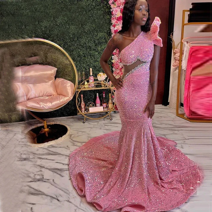 Price Rollback ruffle dressPink Beaded Sequins Evening Dress One Shoulder Black Girl Formal Party Dress, DP2384