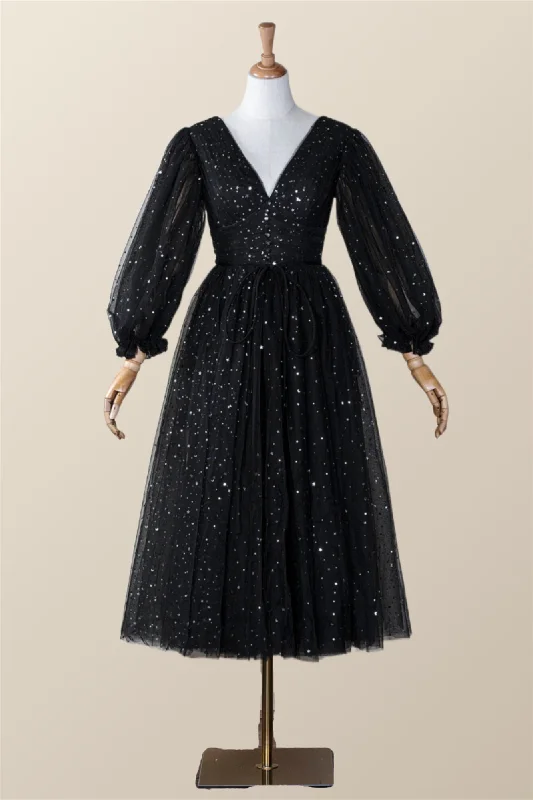 sleek dressLong Sleeves Black Starry Tulle Midi Dress