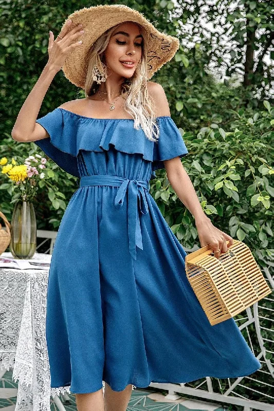 Overstock Sale classic fit-and-flare dressBIG RUFFLE LACE OFF SHOULDER TIED WAIST DRESS Overstock Sale classic fit-and-flare dressBIG RUFFLE LACE OFF SHOULDER TIED WAIST DRESS