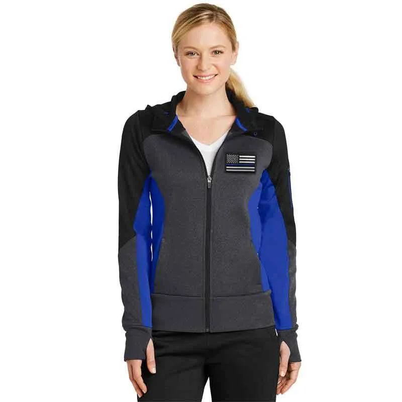 Price Smash Women's Tech Fleece Colorblock Full-Zip Hooded Jacket, Thin Blue Line USA