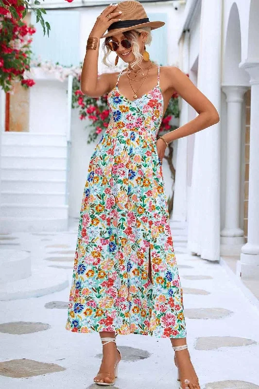 Seasonal Sale high-waisted dressFLORAL V NECK SPAGHETTI STRAP SLIT DRESS