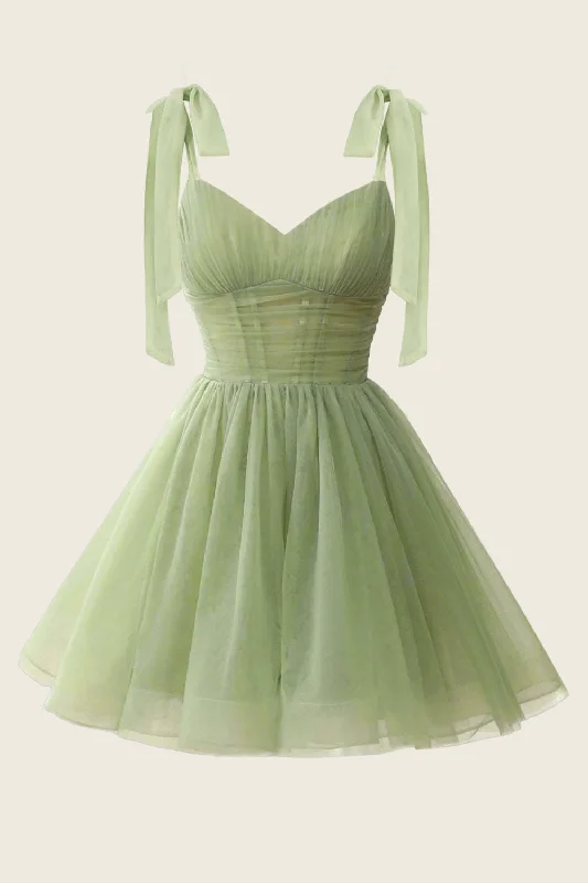 long sleeve dressV-neck Sage Green Pleated A-line Short Dress