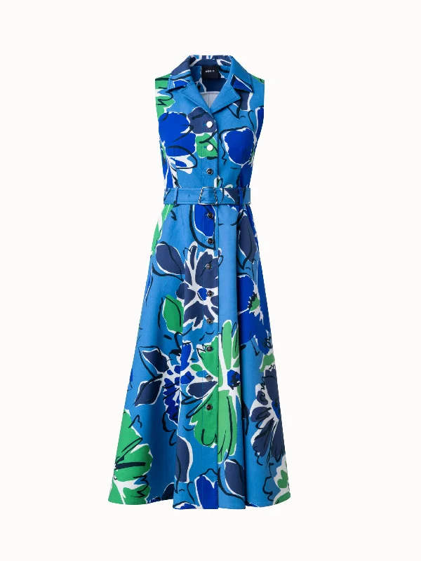 Closeout denim dressMidi Dress in Cotton Silk Double-Face with Sketched Abraham Flower Print Closeout denim dressMidi Dress in Cotton Silk Double-Face with Sketched Abraham Flower Print