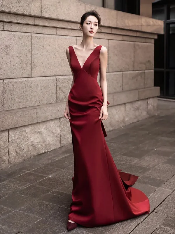 Special Buy casual dressBurgundy V-Neck Satin Backless Long Prom Dress Evening Party Dress,DP1709