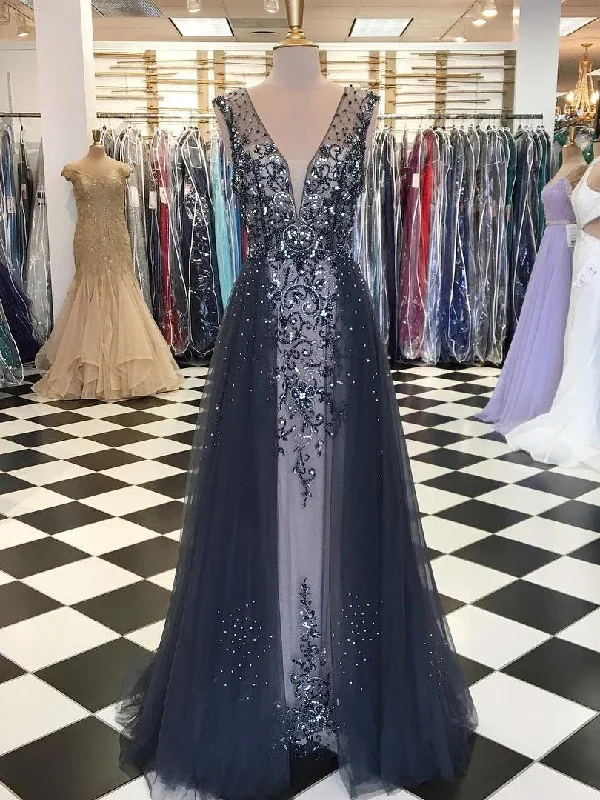 Limited Stock Chic V neck Prom Dress Sparkly Beading A-line Long Prom Dresses Evening Dress NA4009