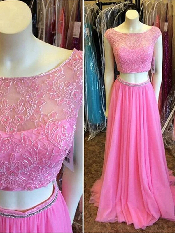 Seasonal Clearance Fushia prom dresses A-line Bateau Floor-length Chiffon Prom Dress/Evening Dress #MK073