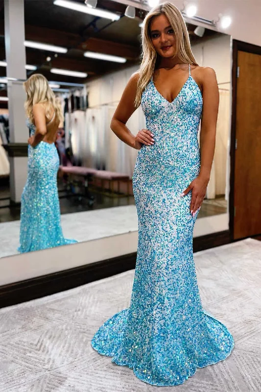 elegant maxi dressWinter Wonderland Blue Sequin Backless Long Prom Dress Y336