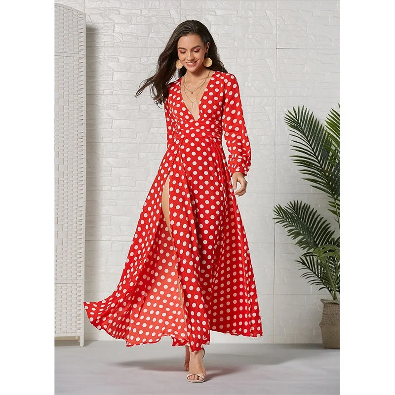 Early Access draped dressKittenAlarm - Deep V Neck Long Sleeve Dresses Dot Print Large Swing Slit Hem Dress